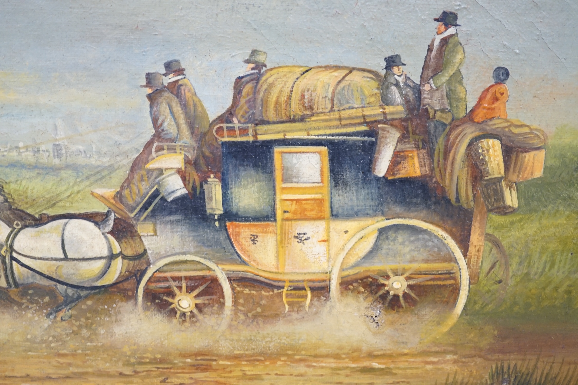 19th century naive oil on canvas, Coaching scene, 24 x 34cm, ornate gilt framed, canvas stamped verso. Condition - fair, some minor damages to the canvas